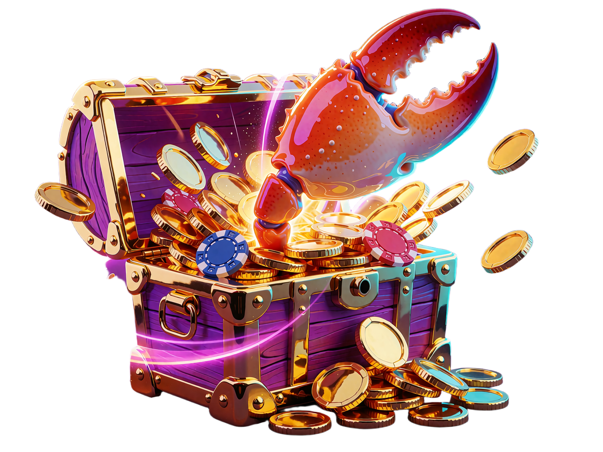 Skrzynia pełna złotych monet i żeton&oacute;w z wystającym szczypcem Bonus Crab - pakiet powitalny OnlySpins Casino