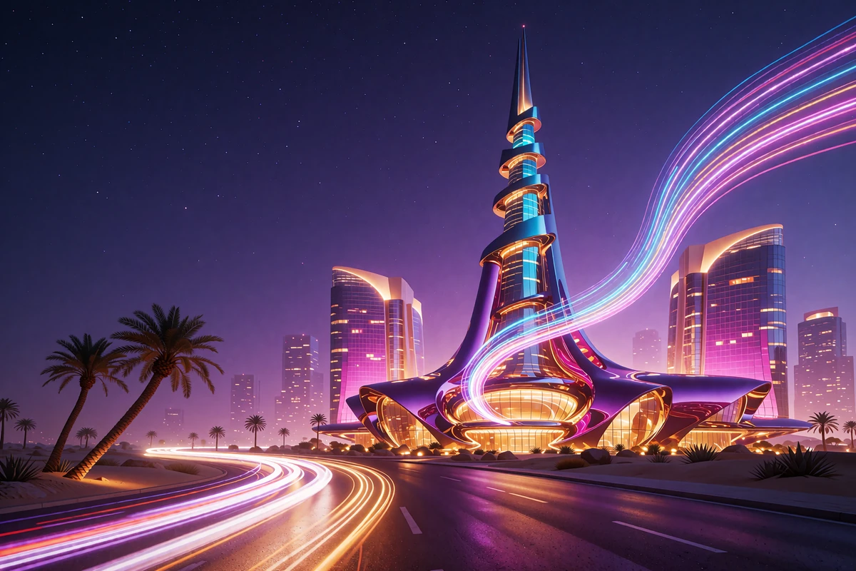Neonowy skyline Dubaju z wysoką złoto-cyjanową wieżą i świetlną drogą - Dubai Promo OnlySpins
