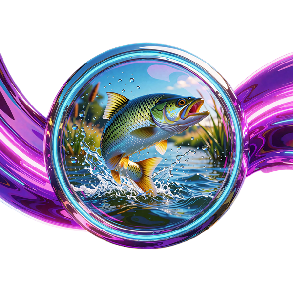 Okrągły neonowy medalion z rybą wyskakującą z wody - automat Big Bass Bonanza w kasynie online OnlySpins