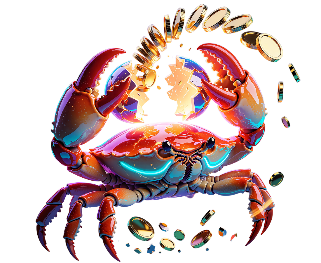 Neonowy krab otwierający świecącą kulę z deszczem złotych monet - mechanika Bonus Crab w OnlySpins