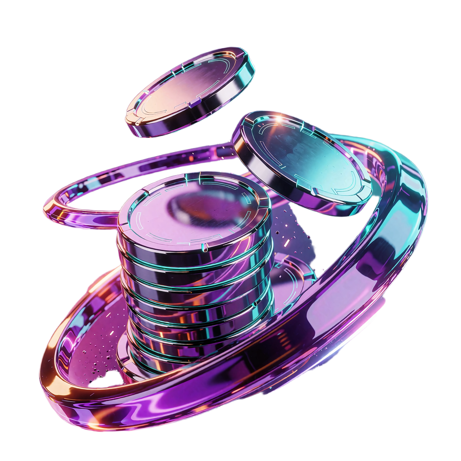 Stos błyszczących metalowych żeton&oacute;w w neonowej poświacie - krypto bonus powitalny 200% w OnlySpins