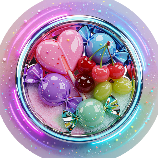Okrągły neonowy medalion z cukierkami i owocami - automat Sweet Bonanza 1000 w OnlySpins Casino